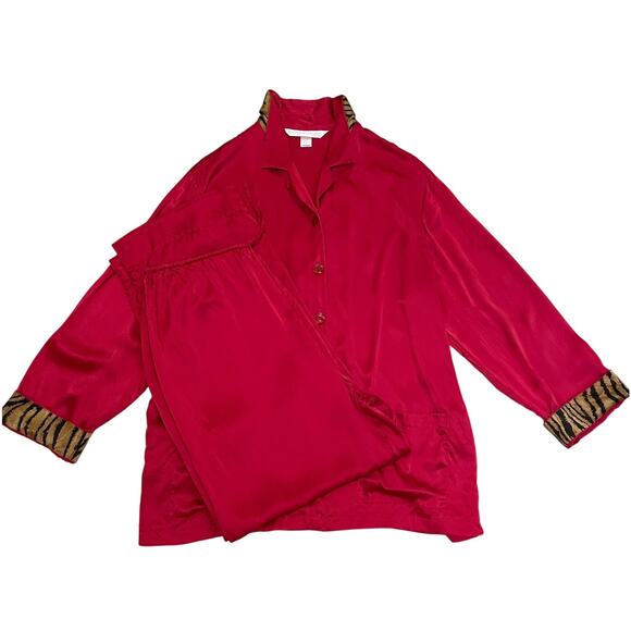 Vintage Victoria’s Secret 100% Silk Pajama Set | Red + Tiger Cuffs, Large Rare - Picture 1 of 10